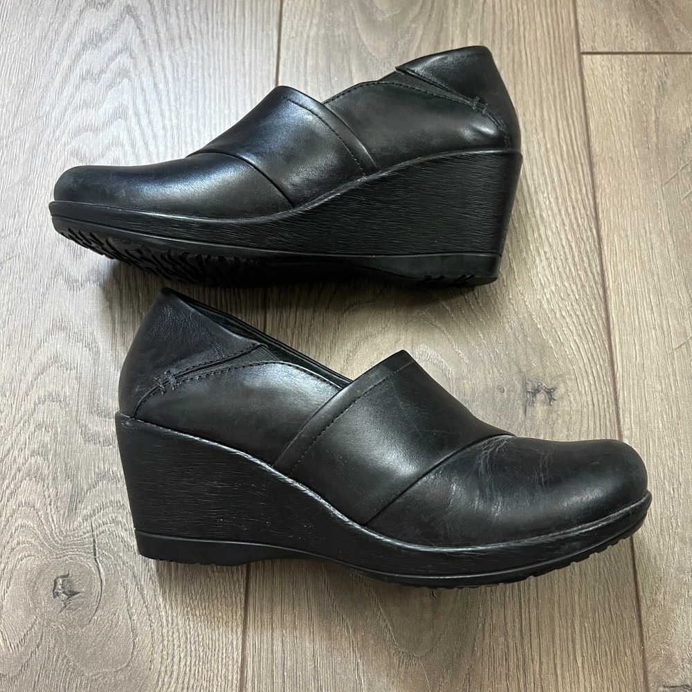 Dansko Shoe Wedge Rosaline Leather Slip On Heels Dress Black Women's EU Size 38